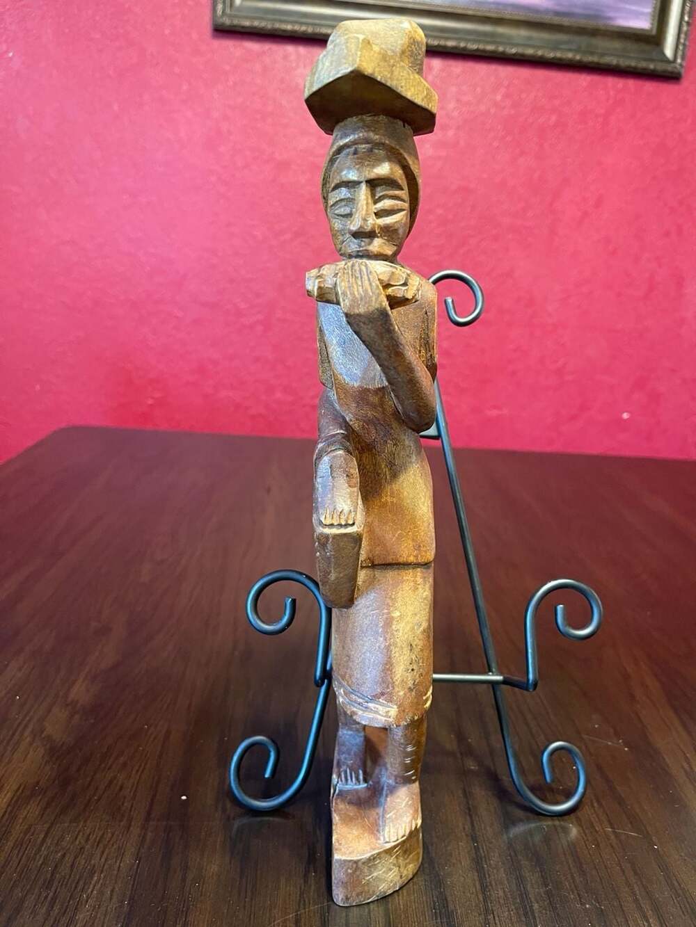 Vintage Hand Carved Wooden Folk Art Figurine Woman Carrying Basket